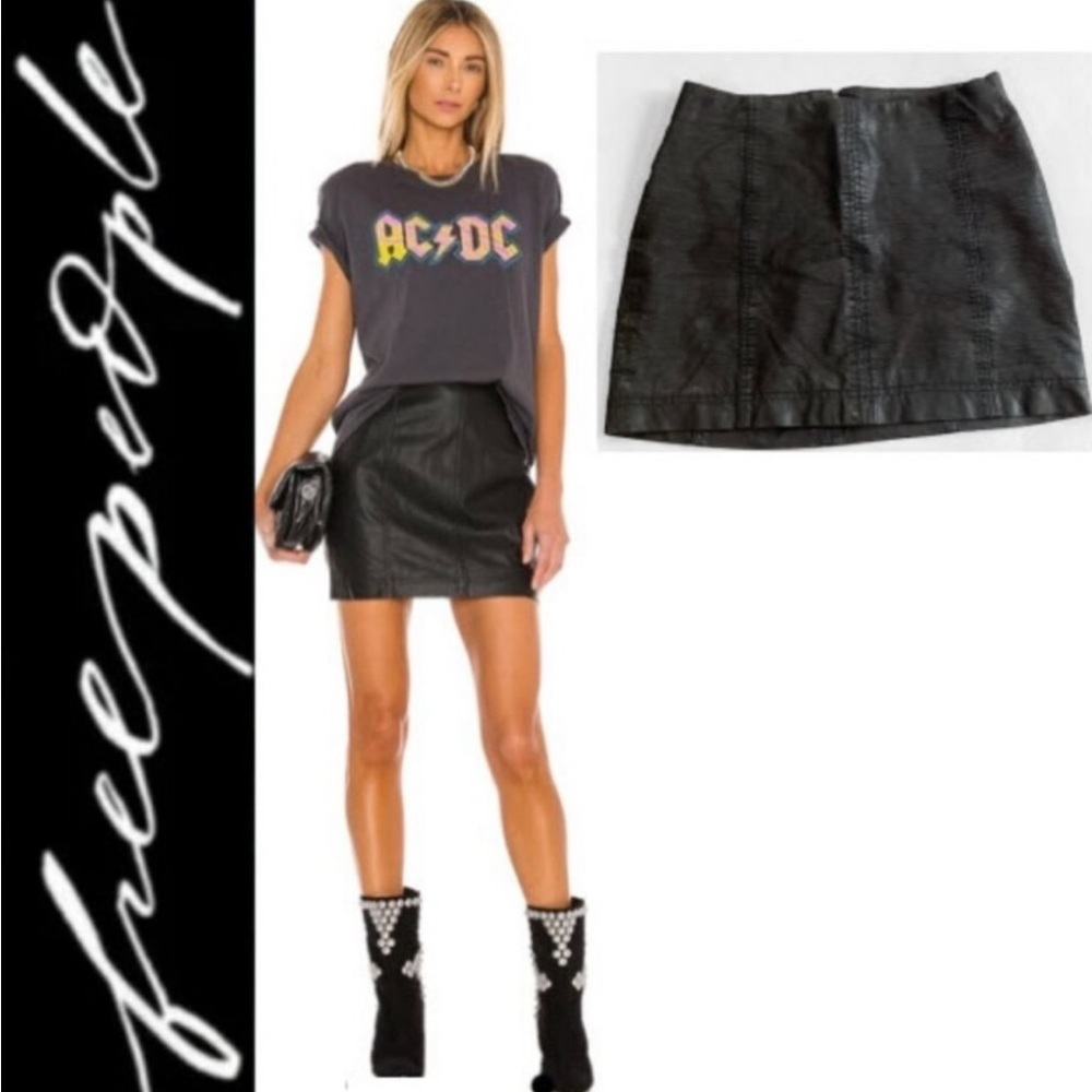 FREE PEOPLE Faux Vegan leather Black Mini Skirt • 30”waist • Size 12 • NWoT